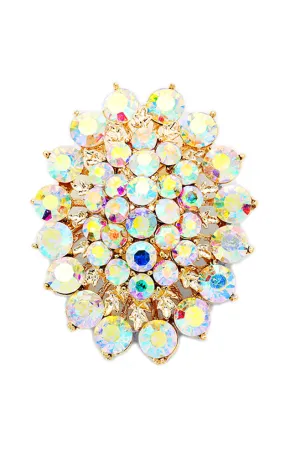 0640 Gold W/AB Glass crystal cluster oval brooch