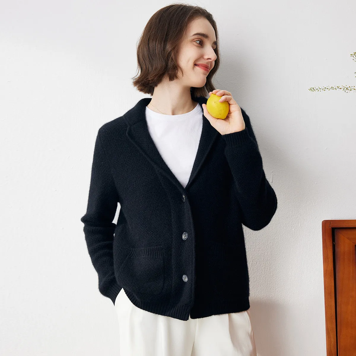 100% Cashmere Womens Blazer Collar Cardigan