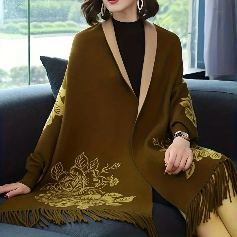 1PC Stylish Reversible Vintage Jacquard Tassel Cardigan Poncho with Sleeves - Windproof, Coldproof, and Versatile Wear for Autumn and Winter - Large Shawl Cape with Brooch Included