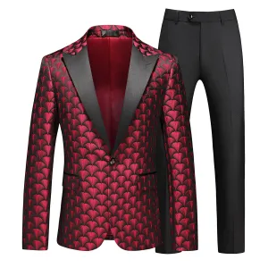 2-Piece Men's Printed Fish Scale One-Button Suit Red