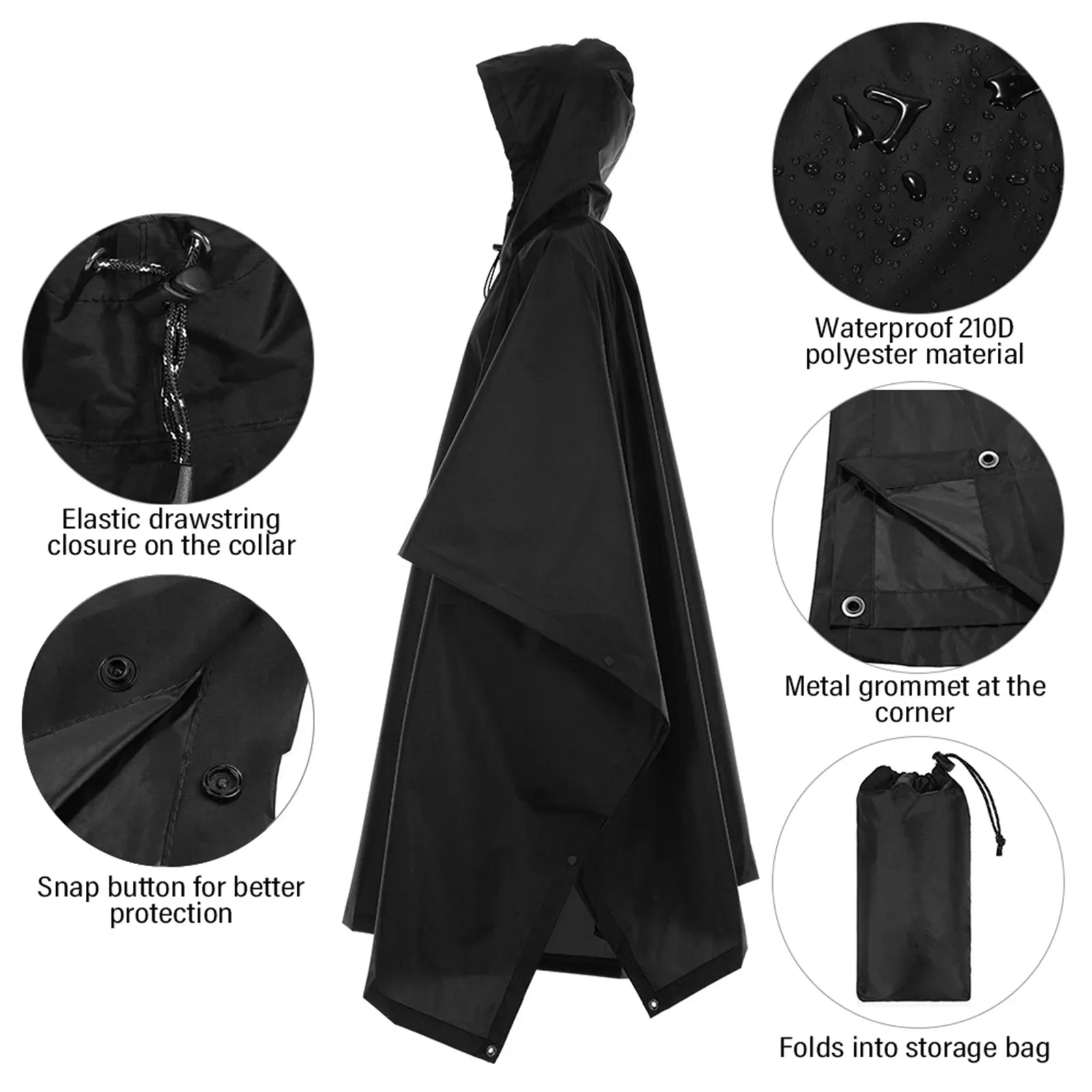 3-in-1 Waterproof Rain Poncho Lightweight Hooded Rain Coat Picnic Mat Blanket Sun Shelter for Outdoor Camping Hiking Climbing