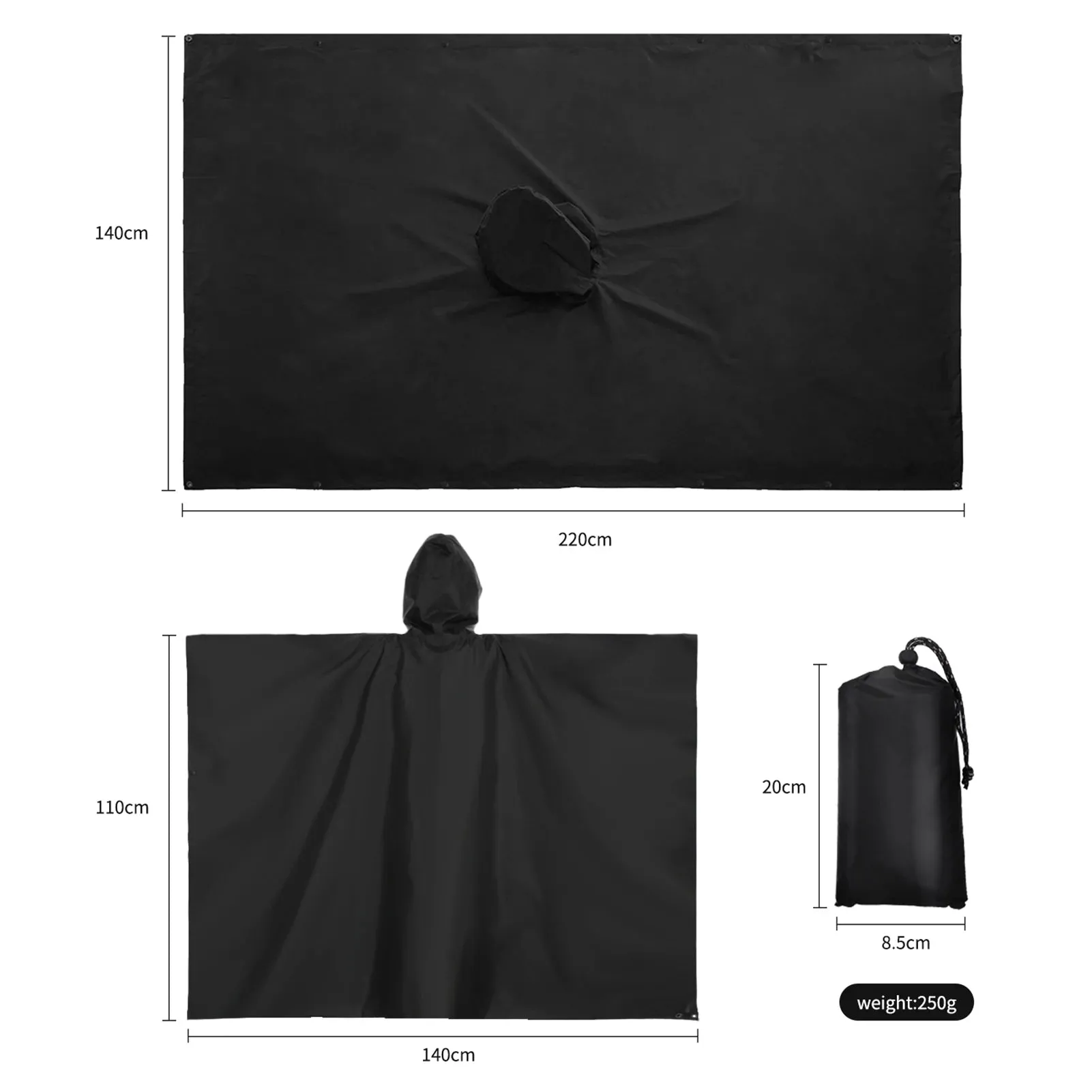 3-in-1 Waterproof Rain Poncho Lightweight Hooded Rain Coat Picnic Mat Blanket Sun Shelter for Outdoor Camping Hiking Climbing