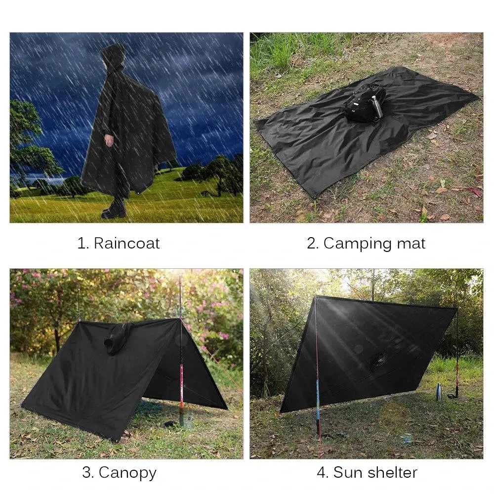 3-in-1 Waterproof Rain Poncho Lightweight Hooded Rain Coat Picnic Mat Blanket Sun Shelter for Outdoor Camping Hiking Climbing