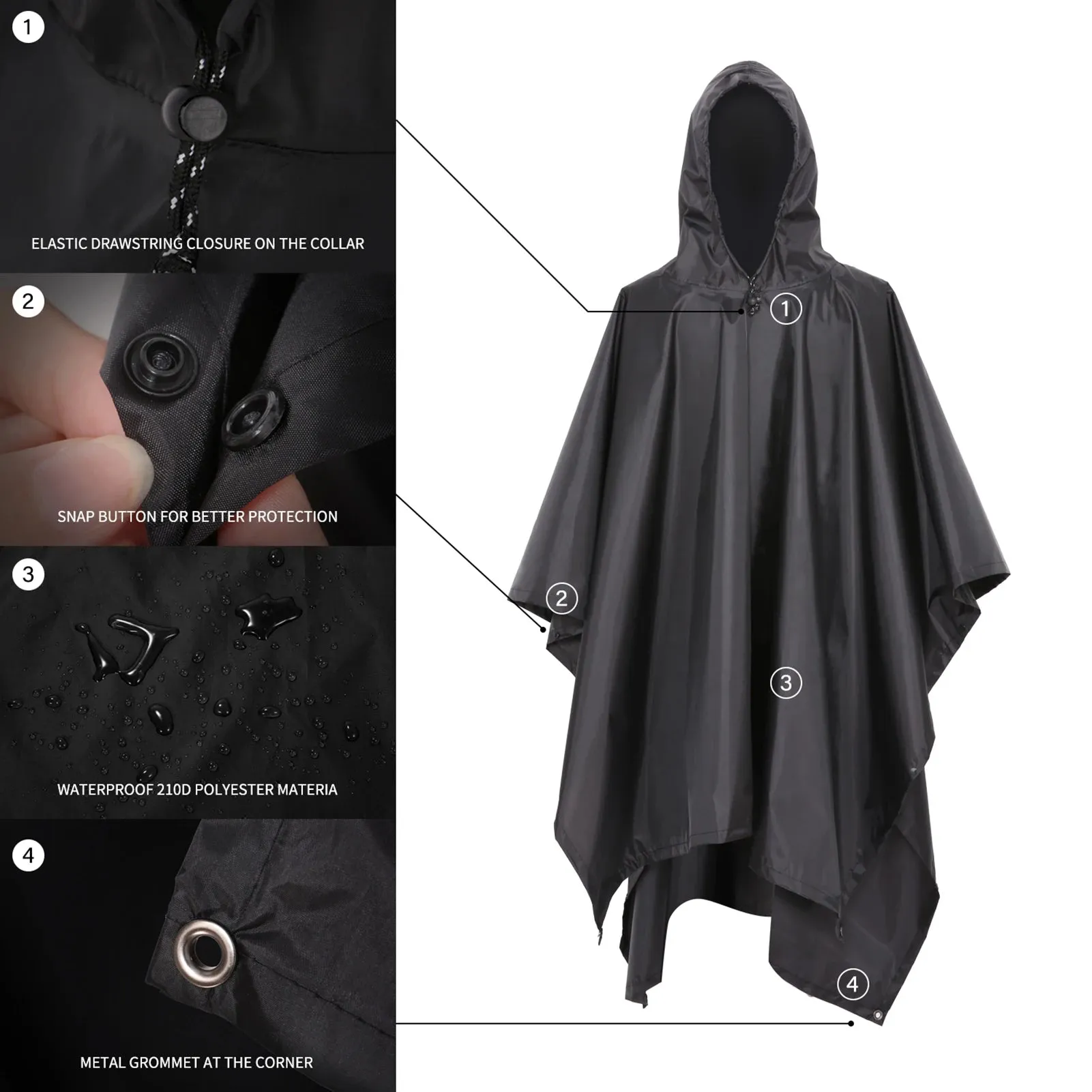 3-in-1 Waterproof Rain Poncho Lightweight Hooded Rain Coat Picnic Mat Blanket Sun Shelter for Outdoor Camping Hiking Climbing