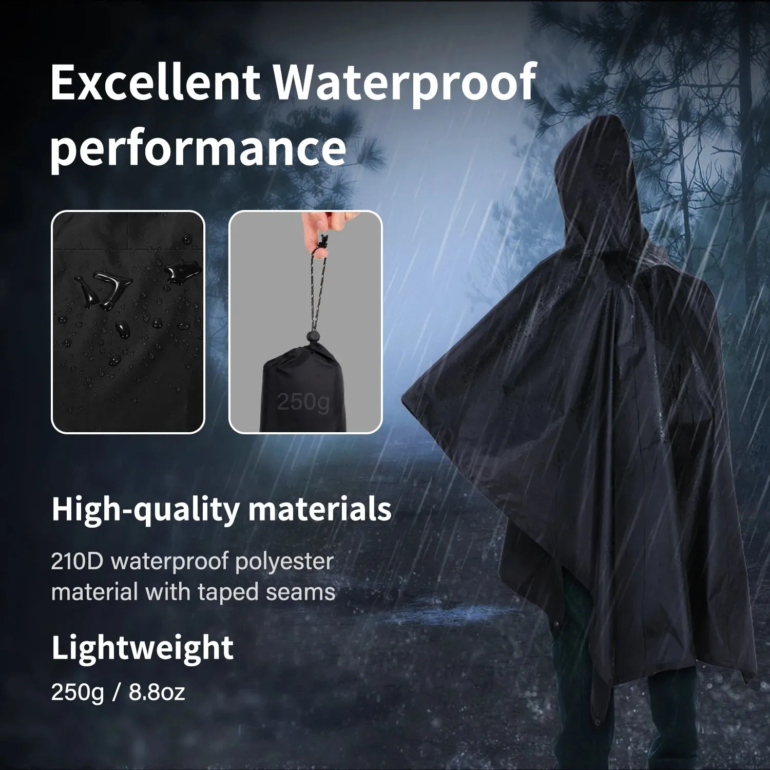 3-in-1 Waterproof Rain Poncho Lightweight Hooded Rain Coat Picnic Mat Blanket Sun Shelter for Outdoor Camping Hiking Climbing