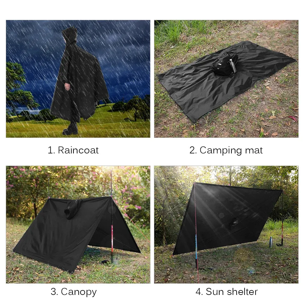 3-in-1 Waterproof Rain Poncho Lightweight Hooded Rain Coat Picnic Mat Blanket Sun Shelter for Outdoor Camping Hiking Climbing