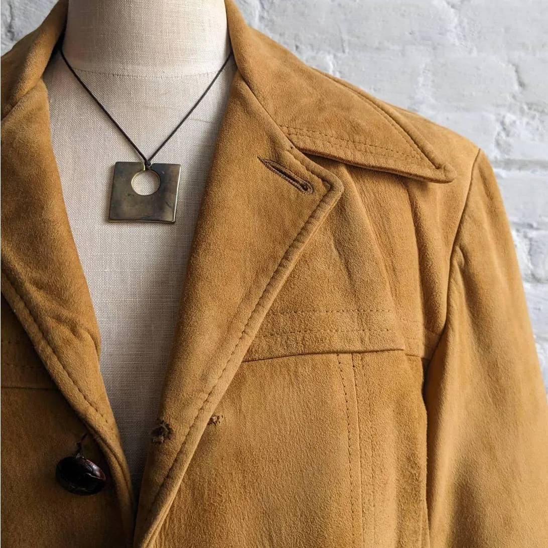 70s Vintage Western Minimalist Suede Blazer Warm Caramel Leather Cowgirl Jacket