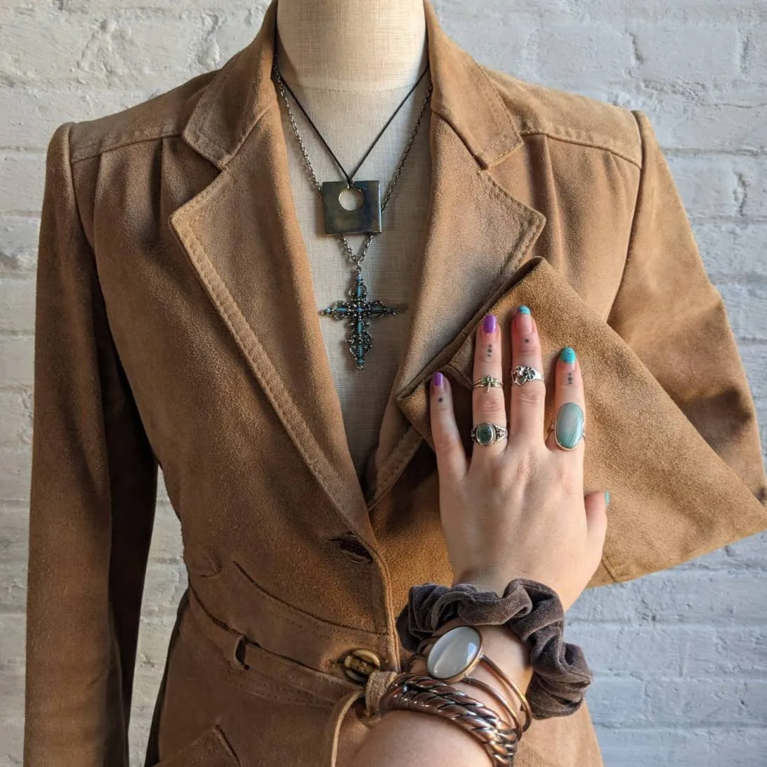 70s Vintage Western Minimalist Suede Jacket Neutral Camel Leather Cowgirl Blazer