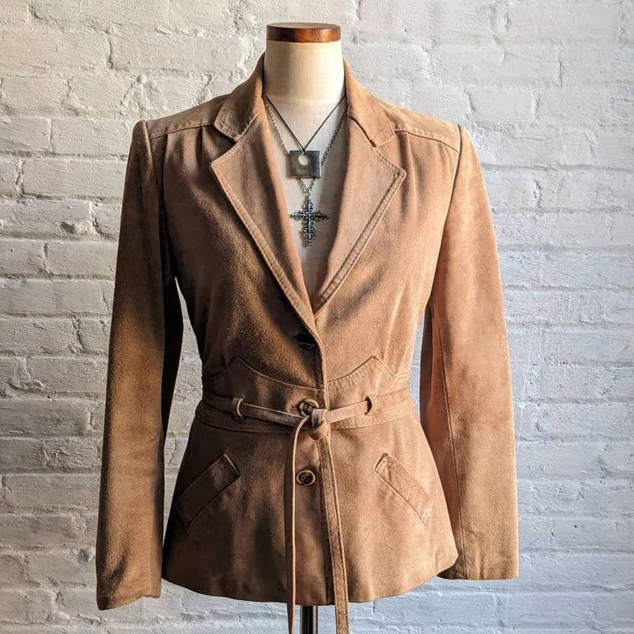 70s Vintage Western Minimalist Suede Jacket Neutral Camel Leather Cowgirl Blazer