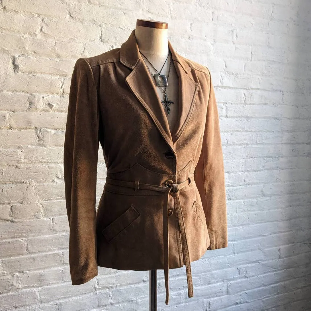 70s Vintage Western Minimalist Suede Jacket Neutral Camel Leather Cowgirl Blazer