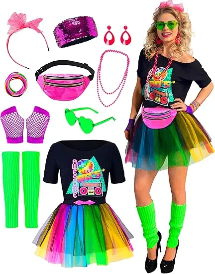 80s Costume Set with T-Shirt Tutu Headband & Other Halloween Cosplay Accessories