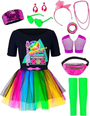 80s Costume Set with T-Shirt Tutu Headband & Other Halloween Cosplay Accessories