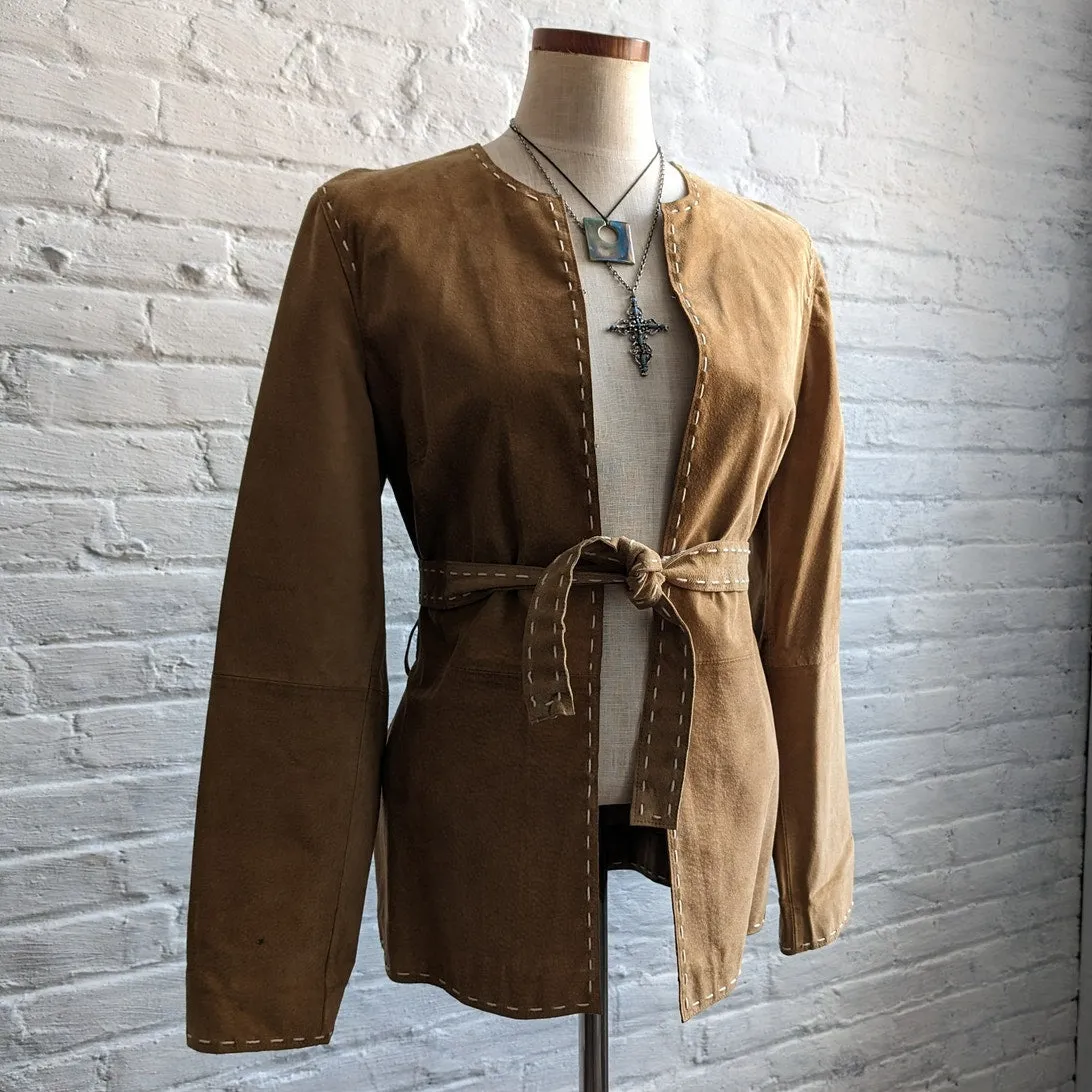 90s Vintage Western Minimalist Suede Jacket Neutral Camel Leather Cowgirl Blazer