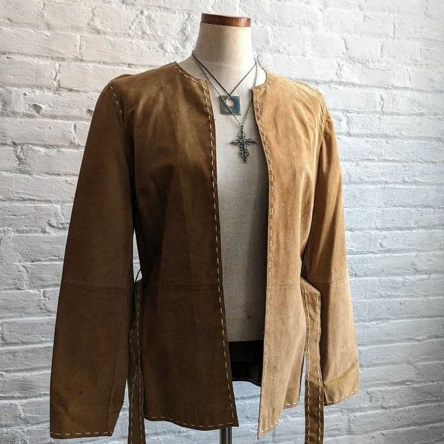 90s Vintage Western Minimalist Suede Jacket Neutral Camel Leather Cowgirl Blazer