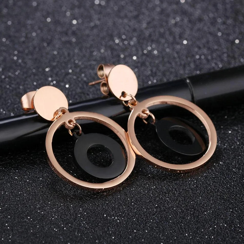 Acrylic Rose Gold Color Double Circle Stainless Steel Drop Earrings, Fashion Jewelry Ear Stud