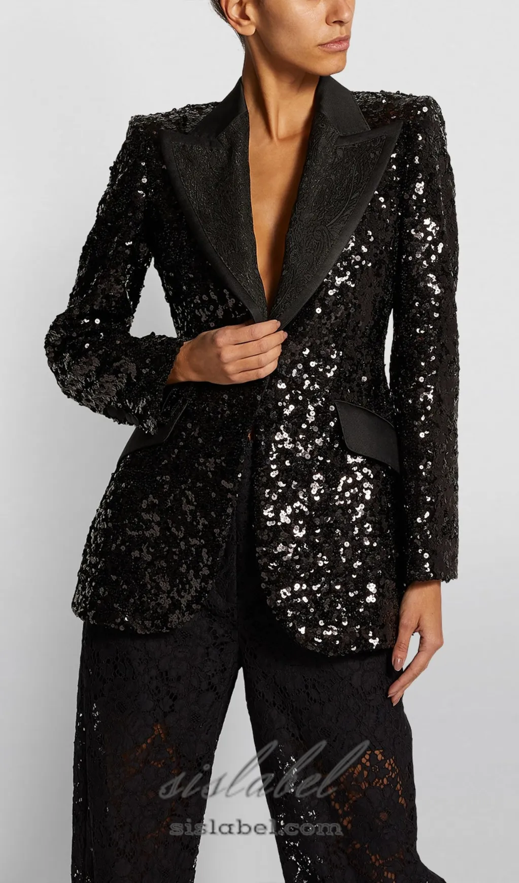 ALEXANDRA BLACK SEQUINED EMBELLISHED SATIN BLAZER