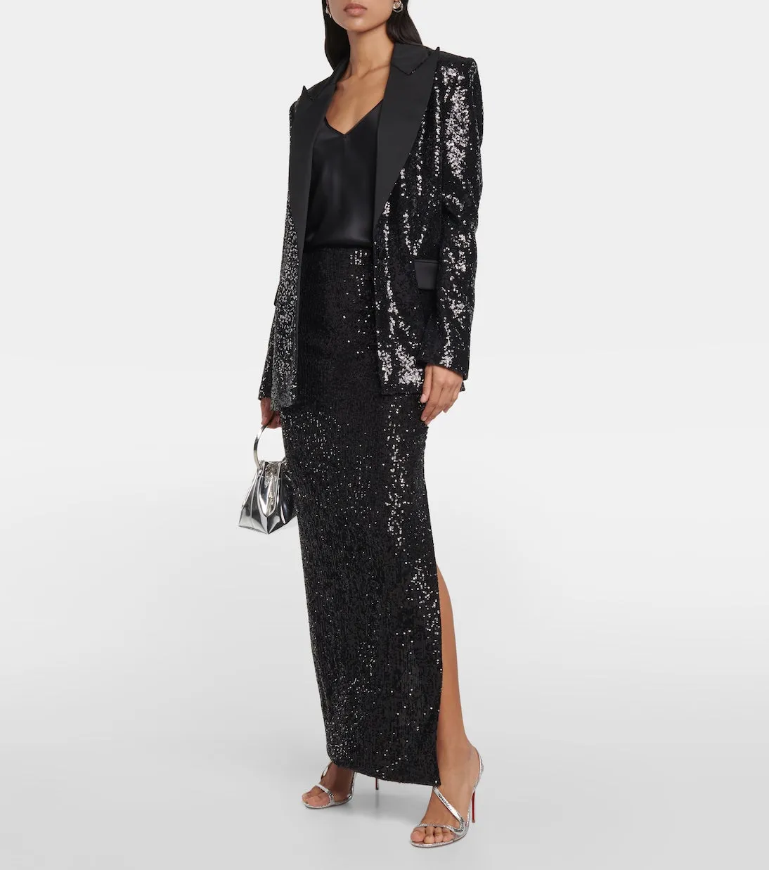 ALEXANDRA BLACK SEQUINED EMBELLISHED SATIN BLAZER