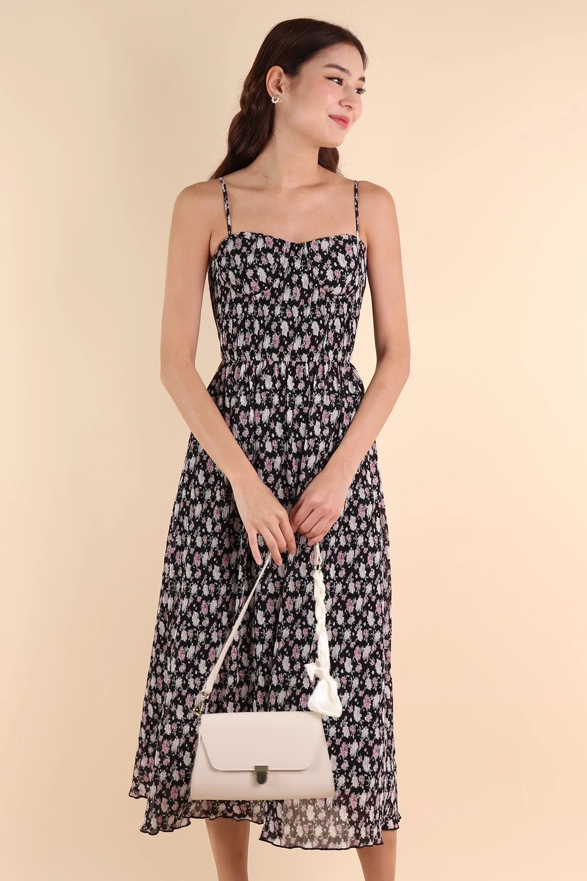 AMARIS PLEATED FLORAL MAXI IN BLACK