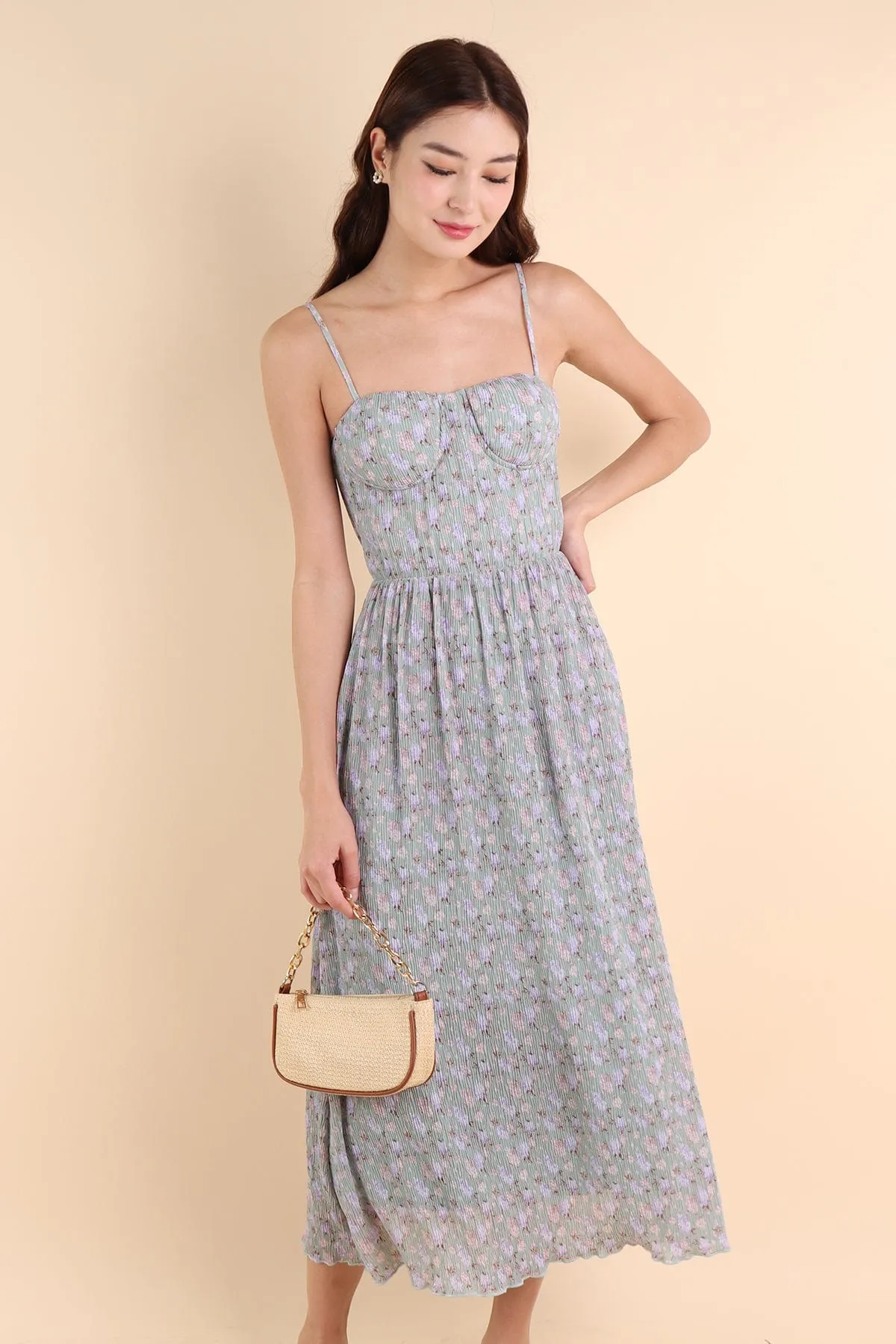 AMARIS PLEATED FLORAL MAXI IN JADE MINT