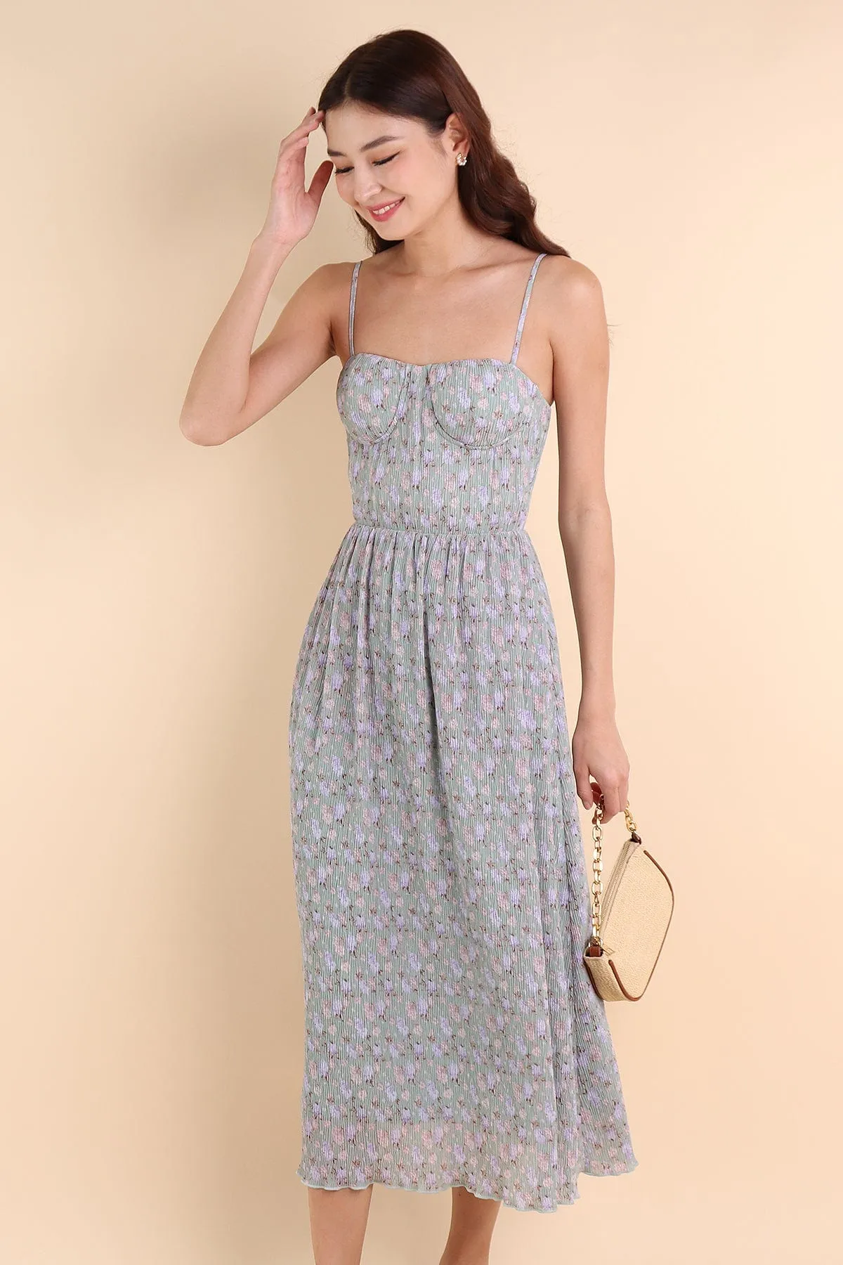 AMARIS PLEATED FLORAL MAXI IN JADE MINT