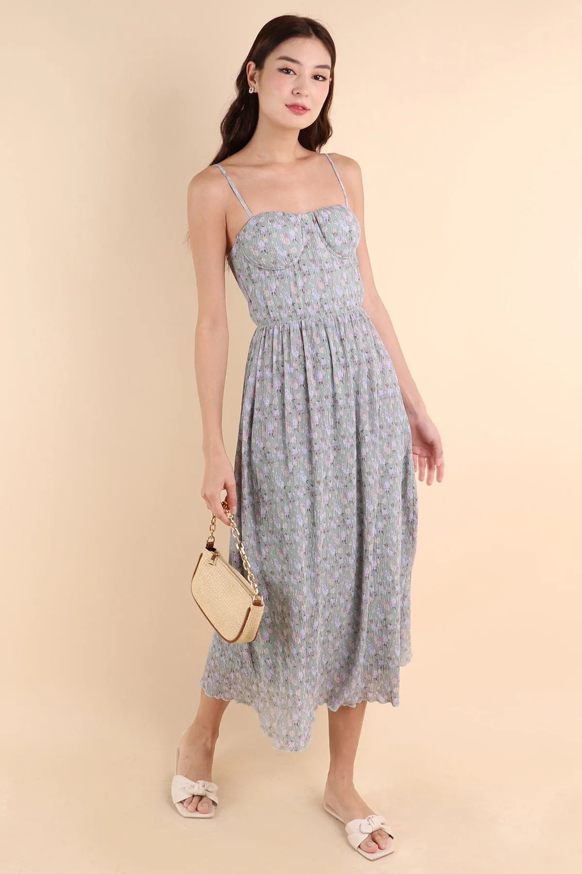 AMARIS PLEATED FLORAL MAXI IN JADE MINT