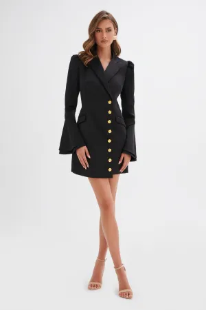 ARABELLA Flared Sleeve Gold Rose Button Mini Blazer Dress in Black