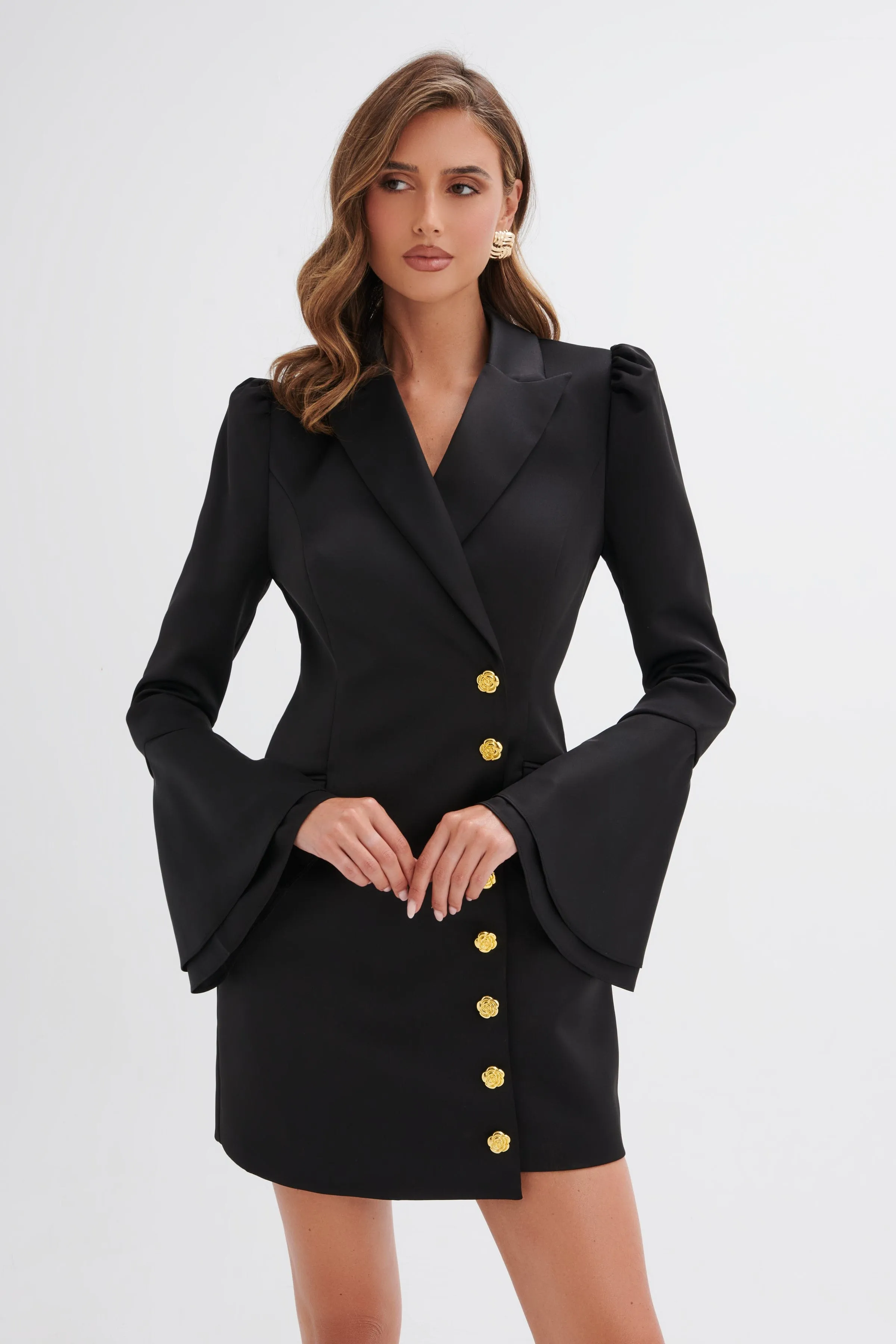 ARABELLA Flared Sleeve Gold Rose Button Mini Blazer Dress in Black