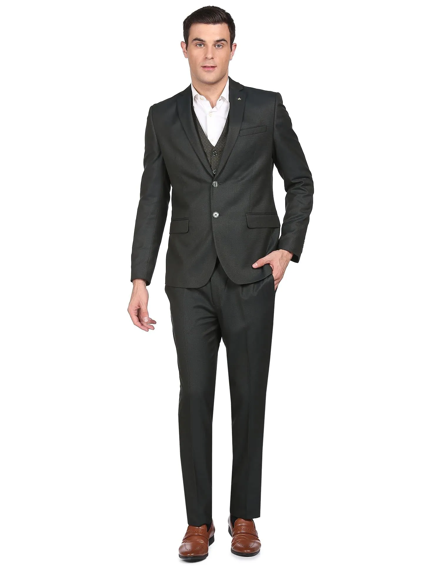 Arrow Men Olive Tailored Regular Fit Self Designed Three Piece Suit