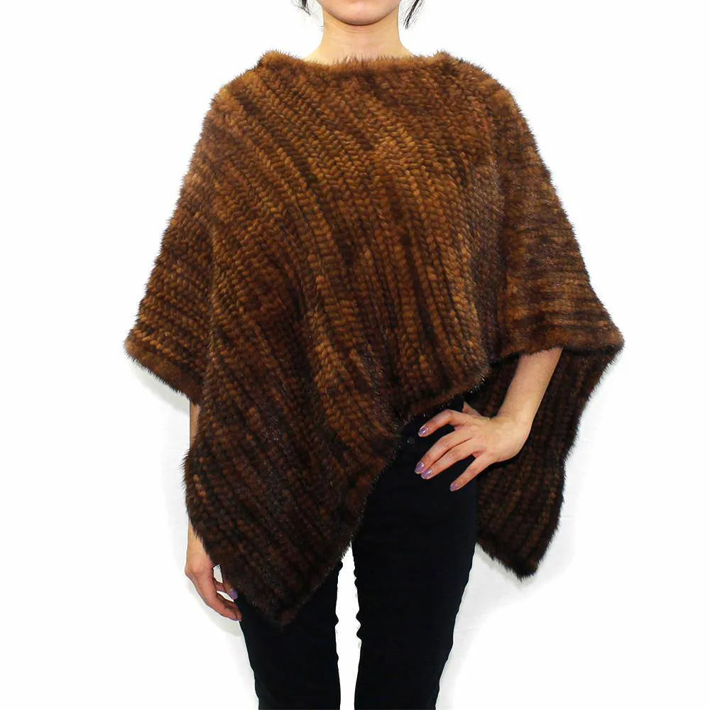 Asymmetrical Knitted Mink Poncho - Whiskey