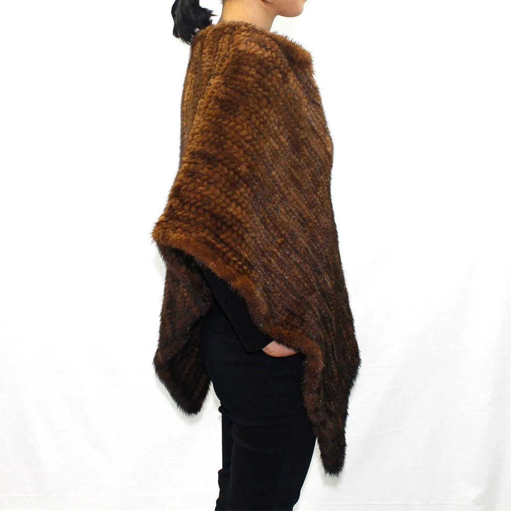 Asymmetrical Knitted Mink Poncho - Whiskey