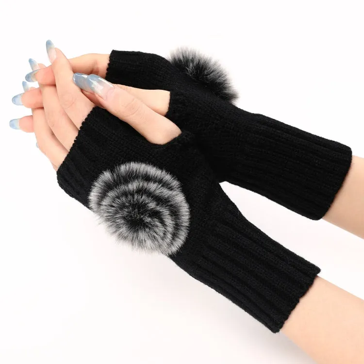 Autumn And Winter Women Fingerless Fur Ball Gloves Knitted Wool Warm Sleeves(Black)