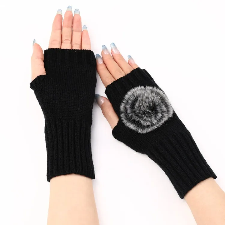 Autumn And Winter Women Fingerless Fur Ball Gloves Knitted Wool Warm Sleeves(Black)