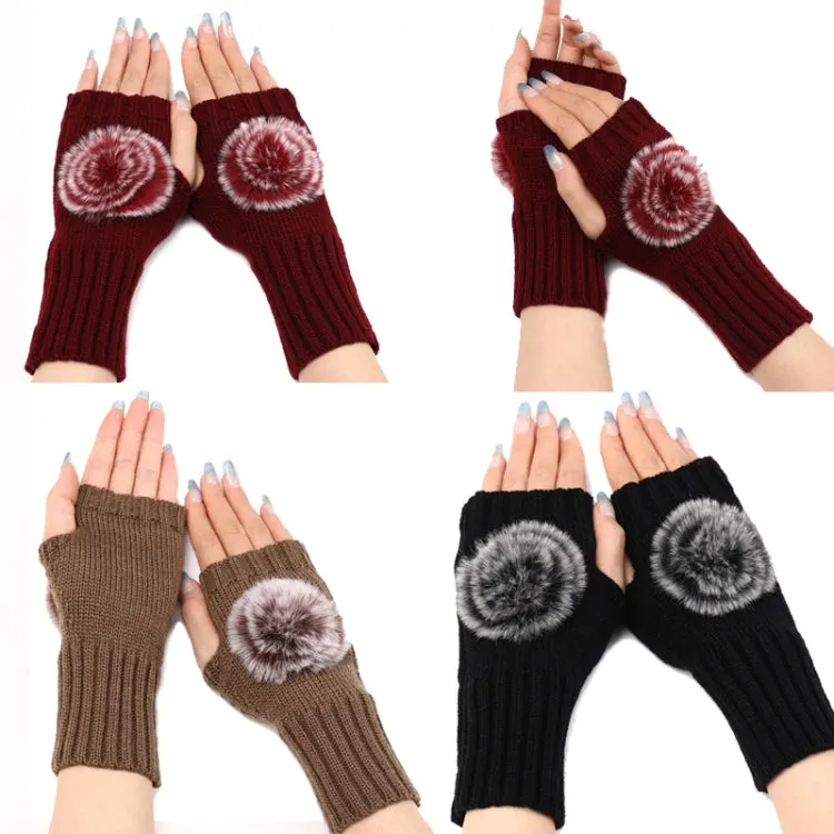 Autumn And Winter Women Fingerless Fur Ball Gloves Knitted Wool Warm Sleeves(Coffee)