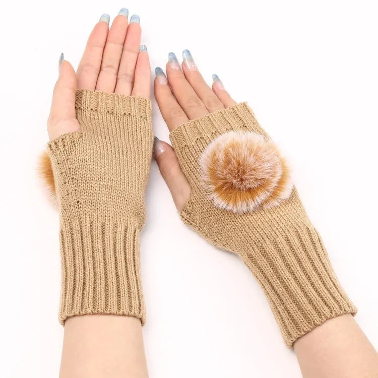 Autumn And Winter Women Fingerless Fur Ball Gloves Knitted Wool Warm Sleeves(Cream Color)