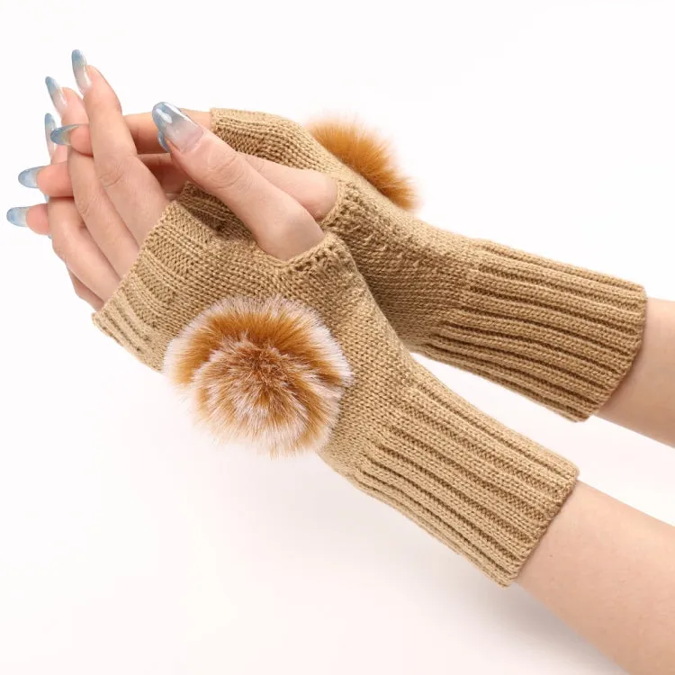 Autumn And Winter Women Fingerless Fur Ball Gloves Knitted Wool Warm Sleeves(Cream Color)