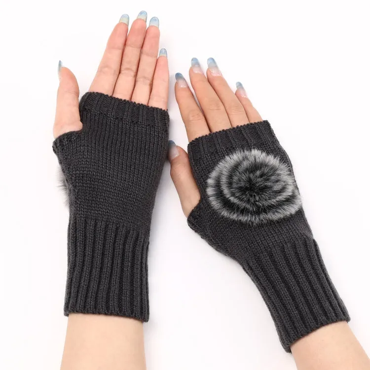 Autumn And Winter Women Fingerless Fur Ball Gloves Knitted Wool Warm Sleeves(Dark Gray)