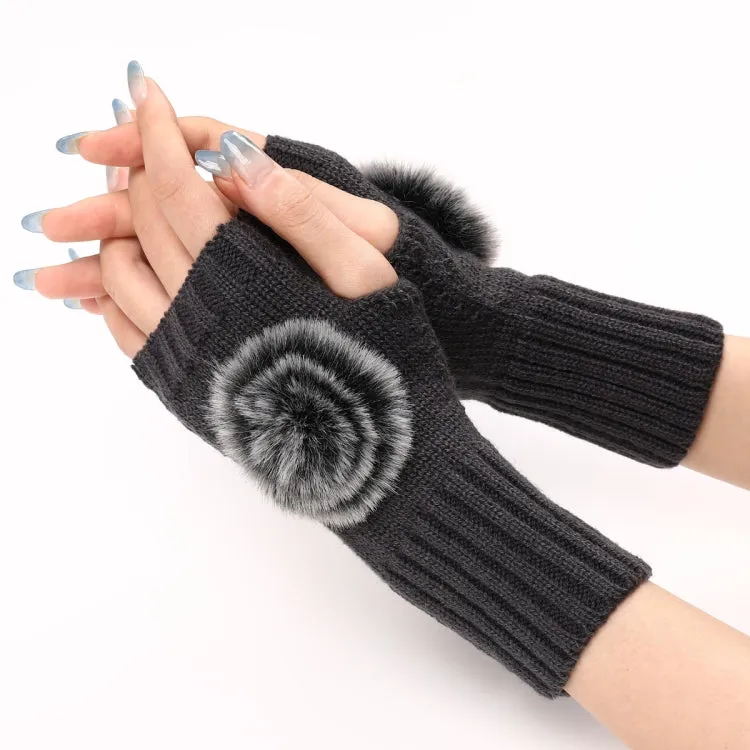 Autumn And Winter Women Fingerless Fur Ball Gloves Knitted Wool Warm Sleeves(Dark Gray)