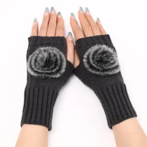 Autumn And Winter Women Fingerless Fur Ball Gloves Knitted Wool Warm Sleeves(Dark Gray)