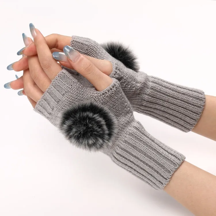 Autumn And Winter Women Fingerless Fur Ball Gloves Knitted Wool Warm Sleeves(Light Grey)