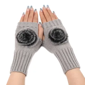 Autumn And Winter Women Fingerless Fur Ball Gloves Knitted Wool Warm Sleeves(Light Grey)