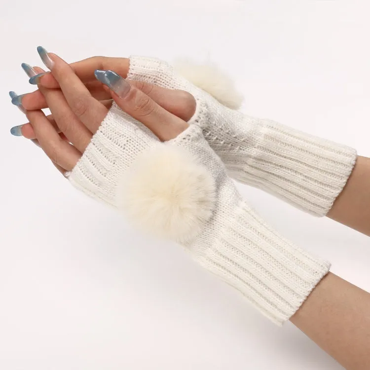 Autumn And Winter Women Fingerless Fur Ball Gloves Knitted Wool Warm Sleeves(White)