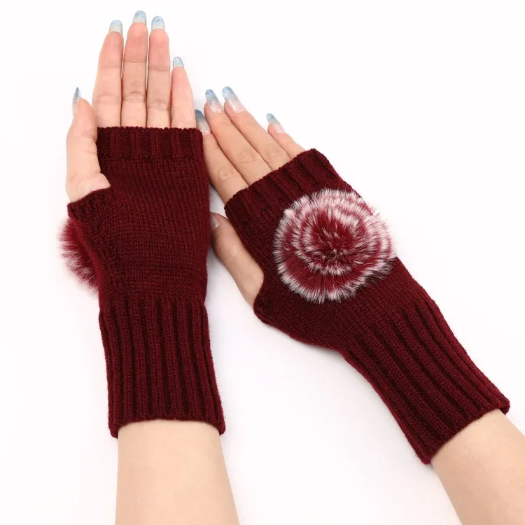 Autumn And Winter Women Fingerless Fur Ball Gloves Knitted Wool Warm Sleeves(Wine Red)