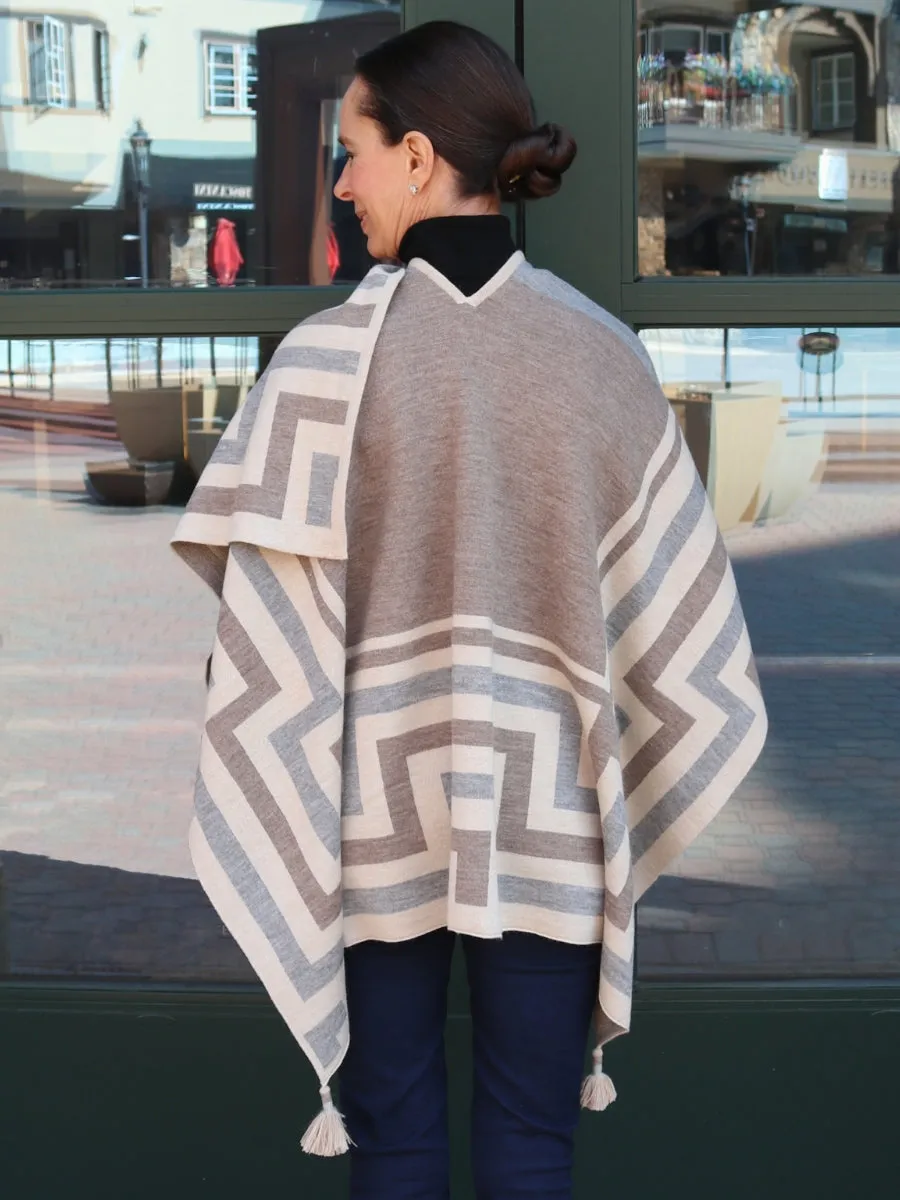 Baby Alpaca Knit 'Caminos' Ruana Poncho with Tassels - Taupe Grey