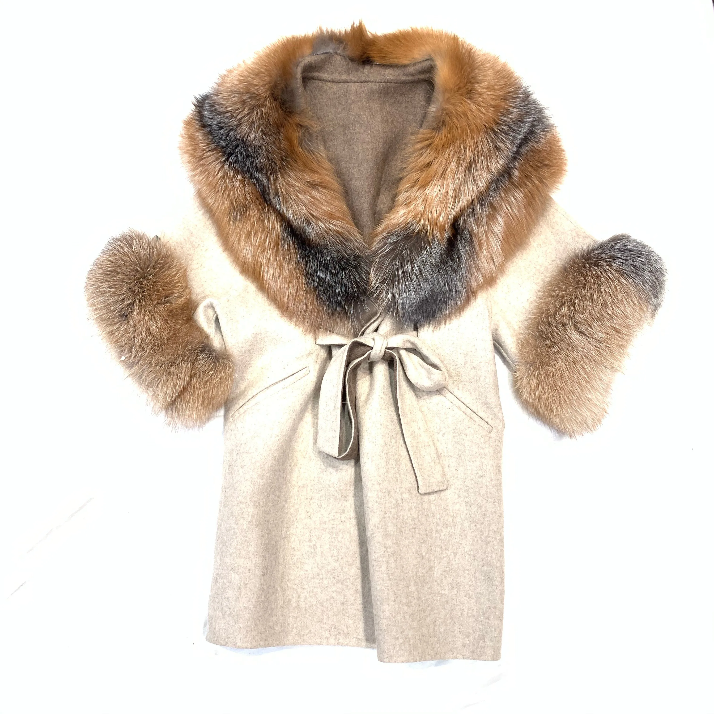 Barya NewYork White Wool Hooded Red Fox Fur 3/4 Poncho Coat