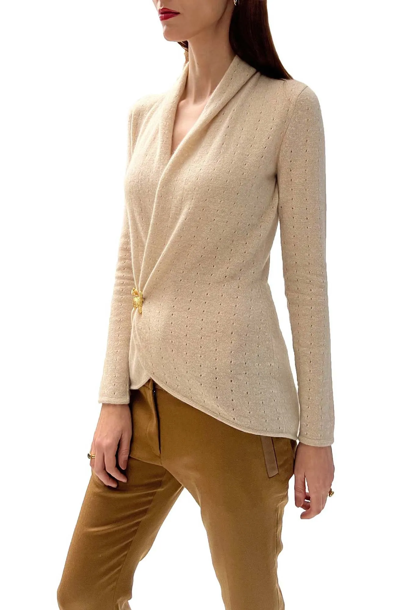 Beige Cashmere Cardigan - Pointelle