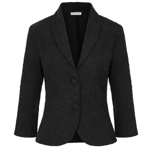 Black 3/4 Sleeve Jacquard Button Front Jacket Blazer