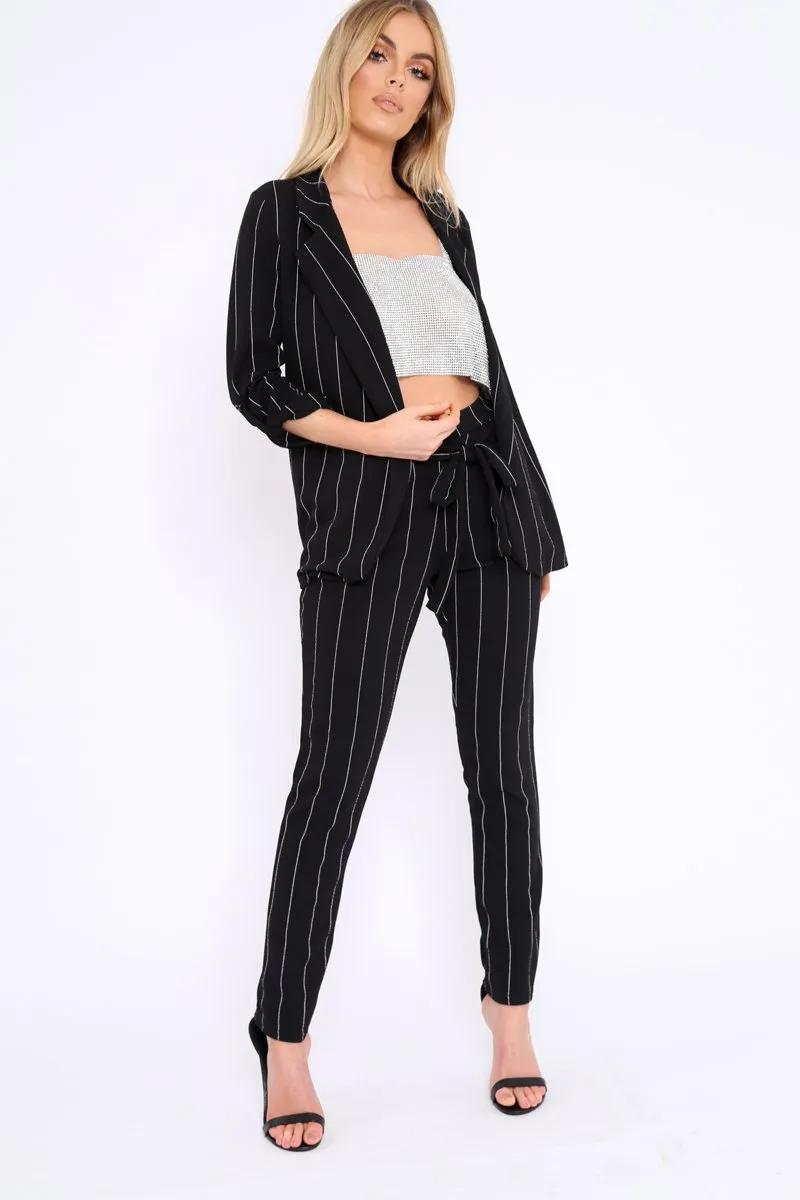 Black Collar Cuffed Sleeves Striped Blazer - Elyza