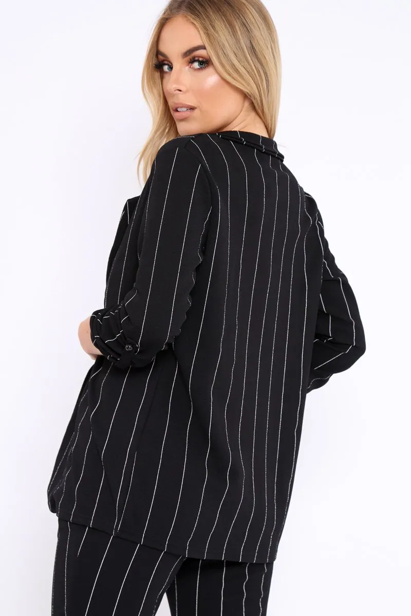 Black Collar Cuffed Sleeves Striped Blazer - Elyza