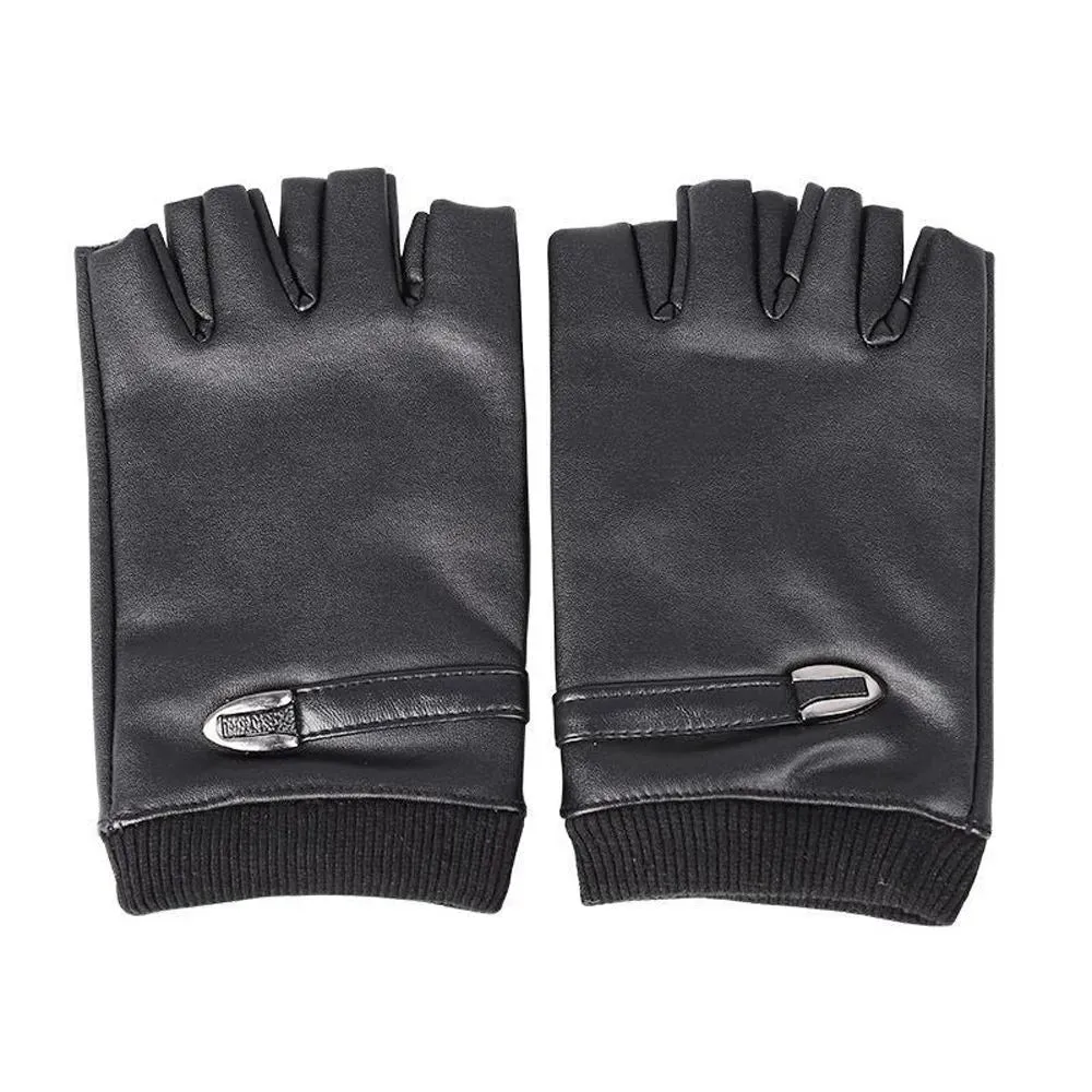 Black PU Leather Fingerless Mens Gloves Solid Button Warm Half Finger Driving Men Riding Gloves