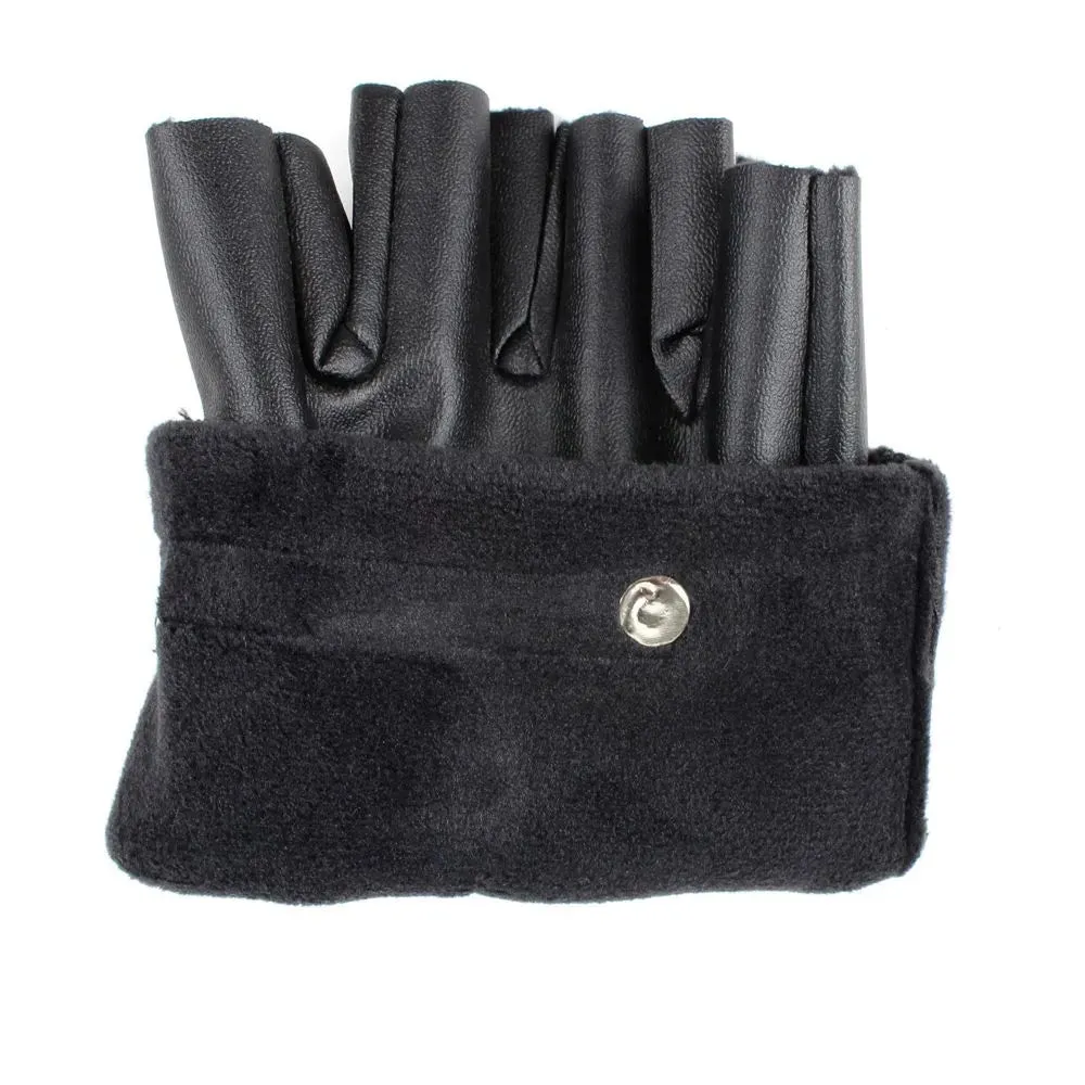 Black PU Leather Fingerless Mens Gloves Solid Button Warm Half Finger Driving Men Riding Gloves